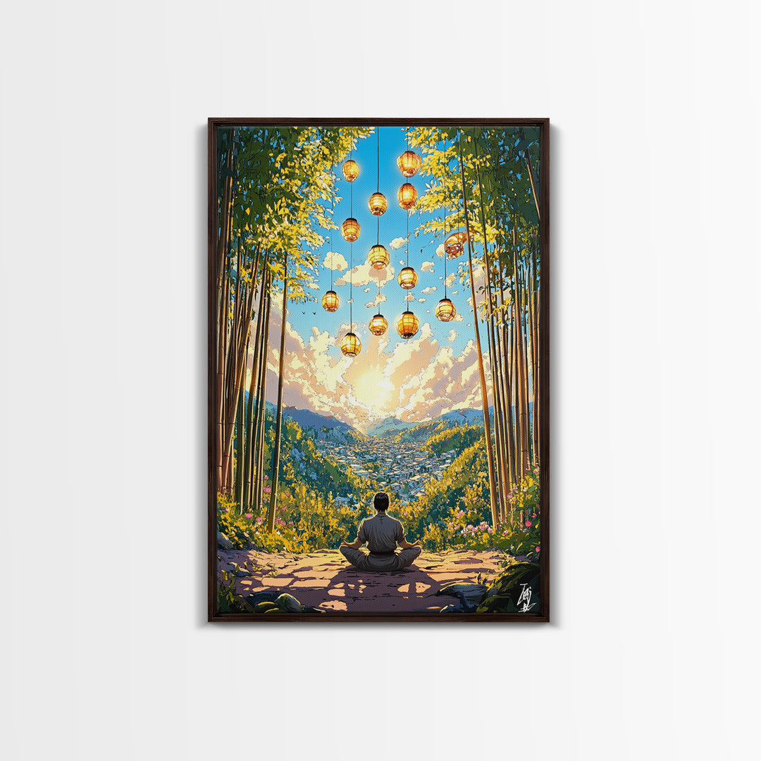 Meditating Figure In Bamboo Valley With Lanterns Wall Art, Zen Landscape Canvas, Japandi Decor, Calm Meditation Room Art