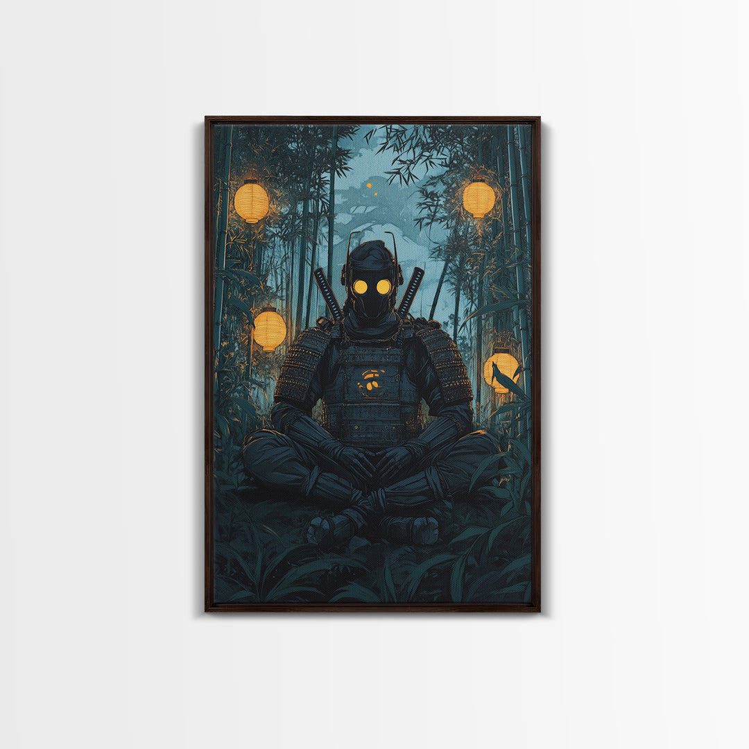 Masked Samurai Meditating In Bamboo Forest Framed Canvas Print, Dark Japanese Wall Art, Zen Warrior Decor, Gift For Him, Man Cave