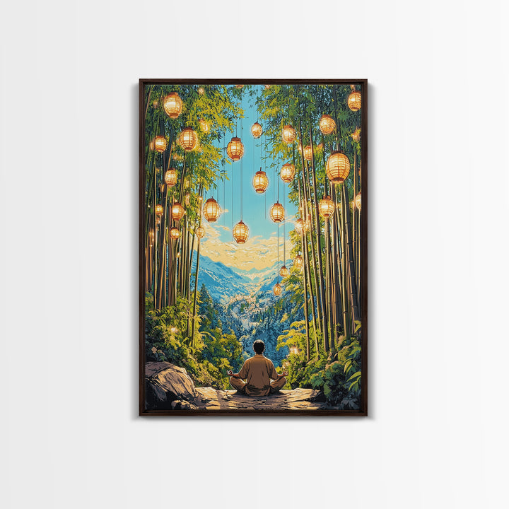 Lantern Lit Bamboo Meditation Mountain Wall Art, Japanese Zen Decor, Spiritual Nature Print, Calming Office Living Room Decor