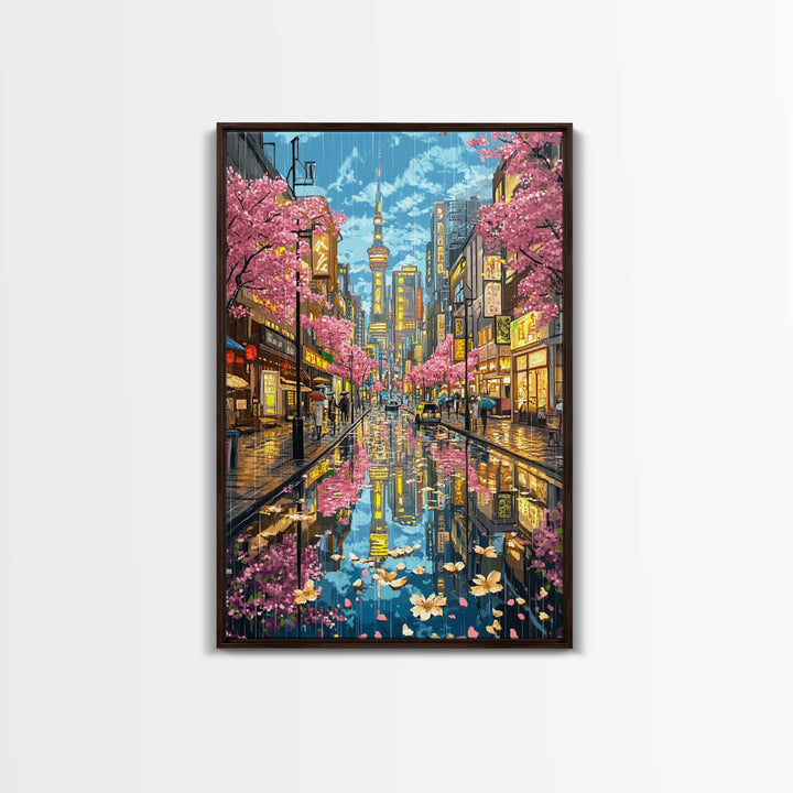 Rainy Tokyo Cherry Blossom Street Wall Art, Japanese Cityscape Print, Neon Urban Travel Poster, Modern Living Room Decor