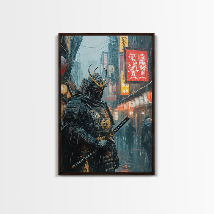 Armored Samurai In Rainy Neon Alley Canvas Print, Japanese Warrior Wall Art, Cyberpunk Decor, Dramatic Office Poster Gift For Him