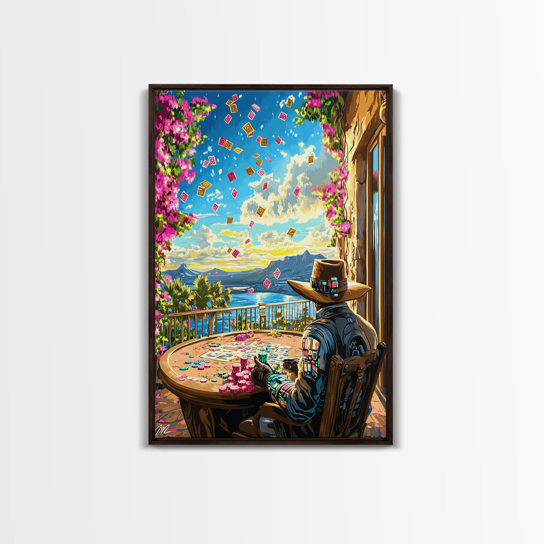 Cyber Cowboy Poker Terrace Wall Art, Southwestern Desert Canvas Print, Futuristic Western Decor, Game Room Unique Gift For Him