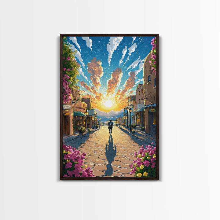 Golden Sunrise Cobblestone Village Wall Art, Mediterranean Landscape Print, Travel Poster, Warm Entryway Home Decor, Living Room Decor