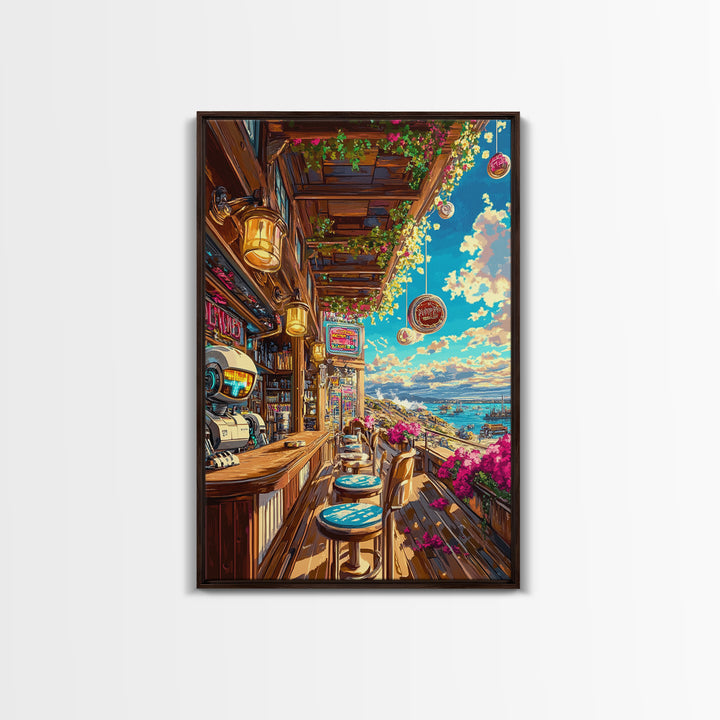 Seaside Sci Fi Cafe Balcony At Golden Hour Framed Canvas Print, Coastal Wall Art, Travel Poster, Living Room Ocean View Home Decor