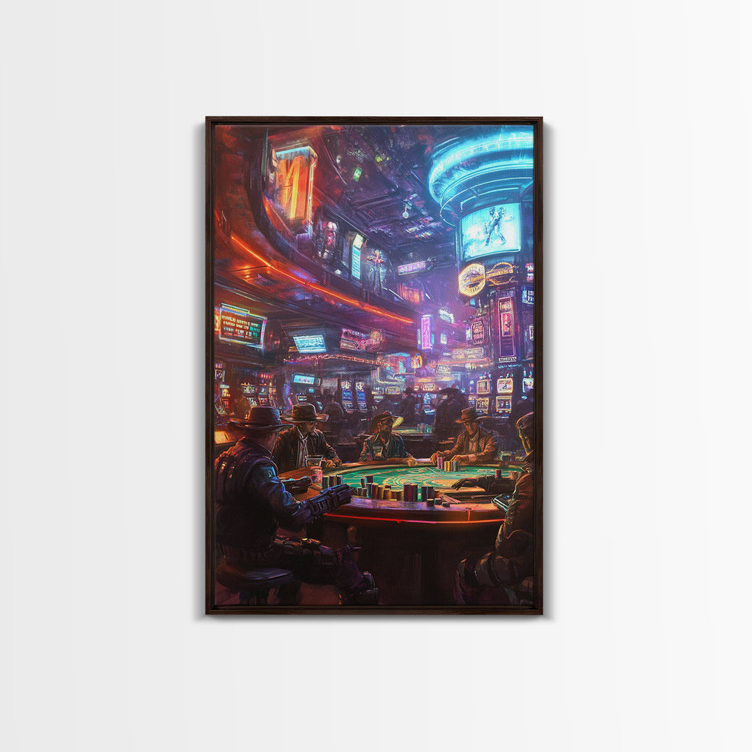 Neon Cyberpunk Poker Room With Outlaws Canvas Print, Futuristic Wall Art, Casino Poster, Man Cave And Game Room Decor For Him Gift