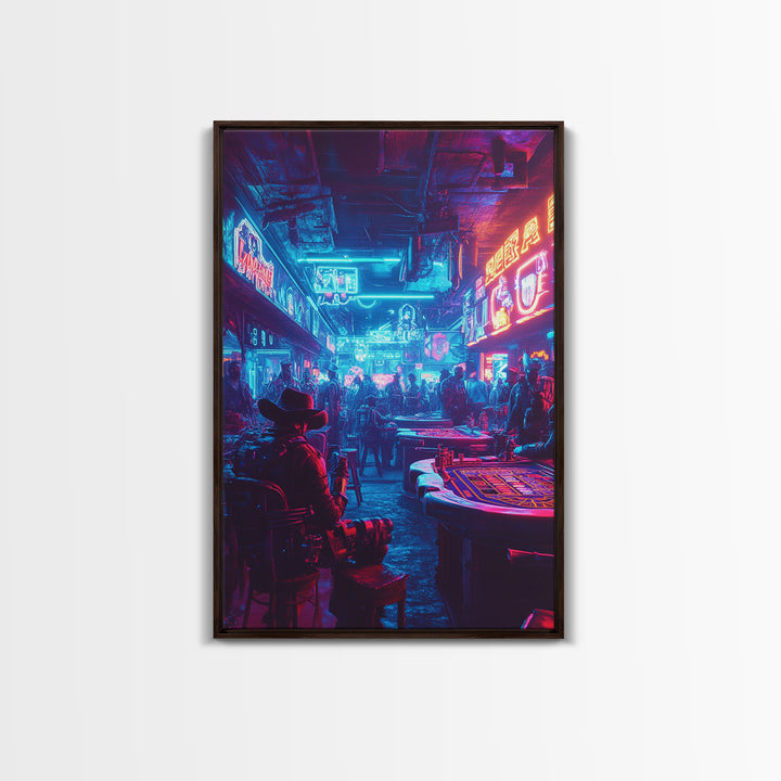 Blue Pink Neon Western Casino Bar Wall Art, Cyberpunk Poster, Futuristic Gaming Room Decor, Man Cave Gift For Him, Trendy Sci Fi Home Decor
