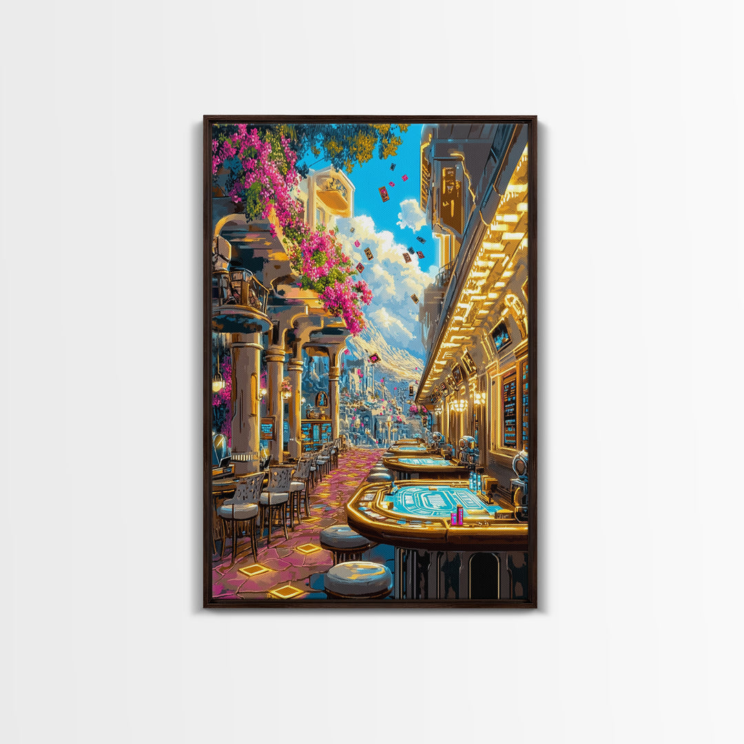 Futuristic Flower Lined Casino Street Canvas Print, Colorful Wall Art, Sci Fi City Travel Poster, Modern Living Room Decor