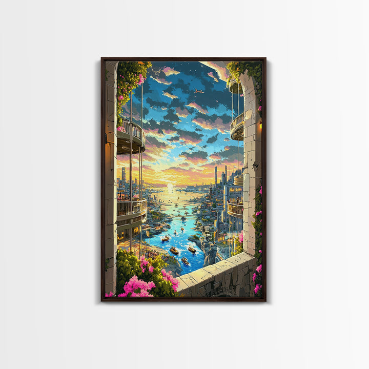 Sunset Harbor City View Between Balconies Framed Canvas Print, Coastal Wall Art, Fantasy Landscape, Above Bed Decor, Living Room Decor