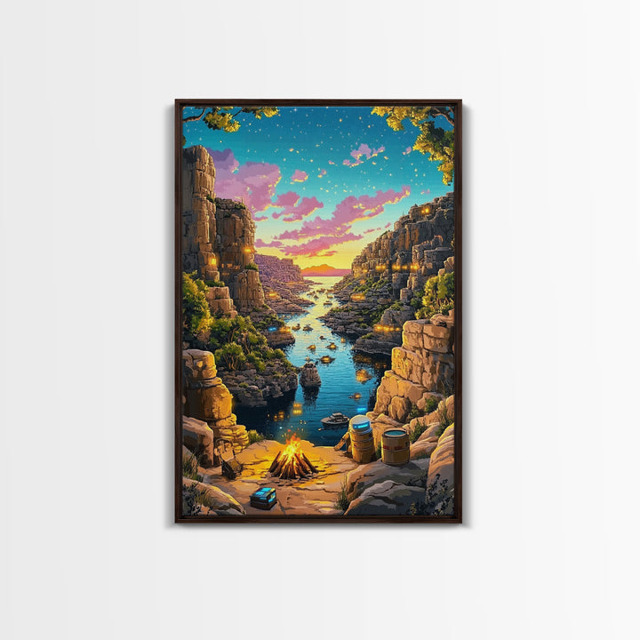 Starry Canyon River Camp At Sunset Canvas Print, Fantasy Wall Art, Adventure Landscape, Rustic Cabin And Game Room Decor