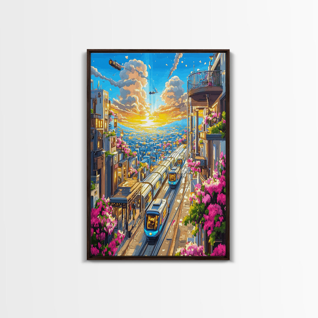 Sunset City Train Tracks With Flower Balconies Canvas Print, Futuristic Wall Art, Urban Travel Poster, Modern Home Decor