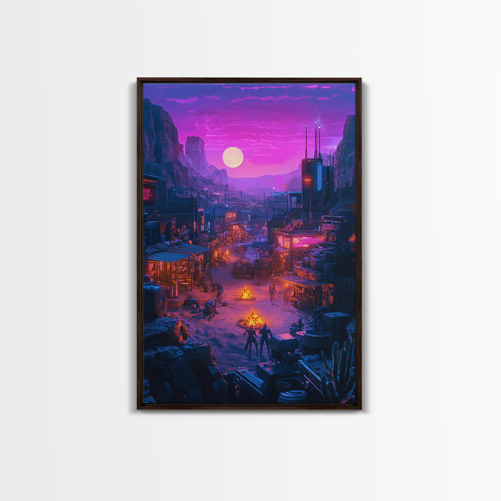Purple Moon Cyberpunk Desert Settlement Wall Art, Sci Fi Western Poster, Dystopian Landscape, Gaming Room Decor Gift For Him