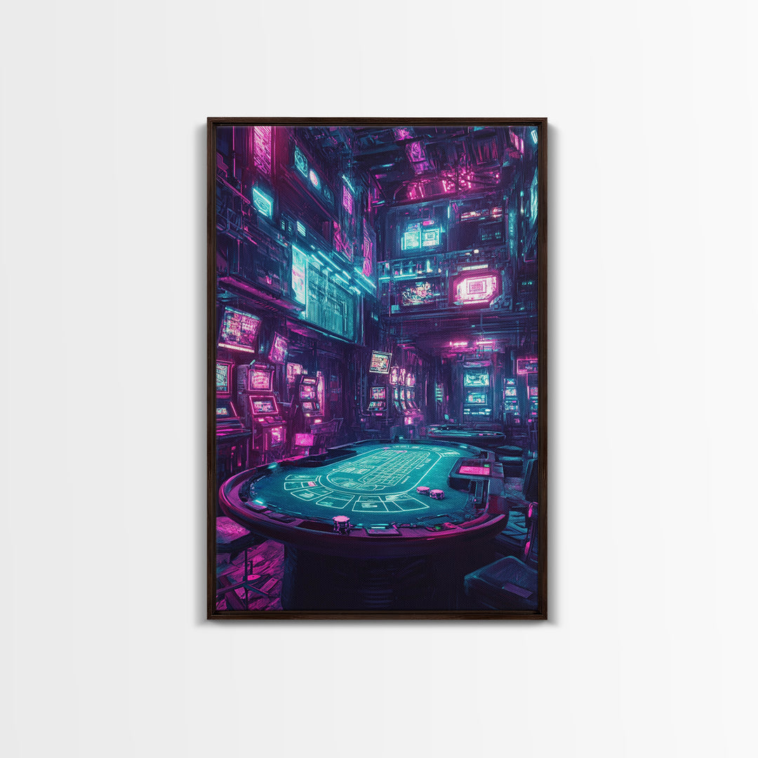 Cyberpunk Neon Casino Poker Room Wall Art, Futuristic Gaming Room Decor, Sci Fi Poster, Vaporwave Home Decor Print For Man Cave