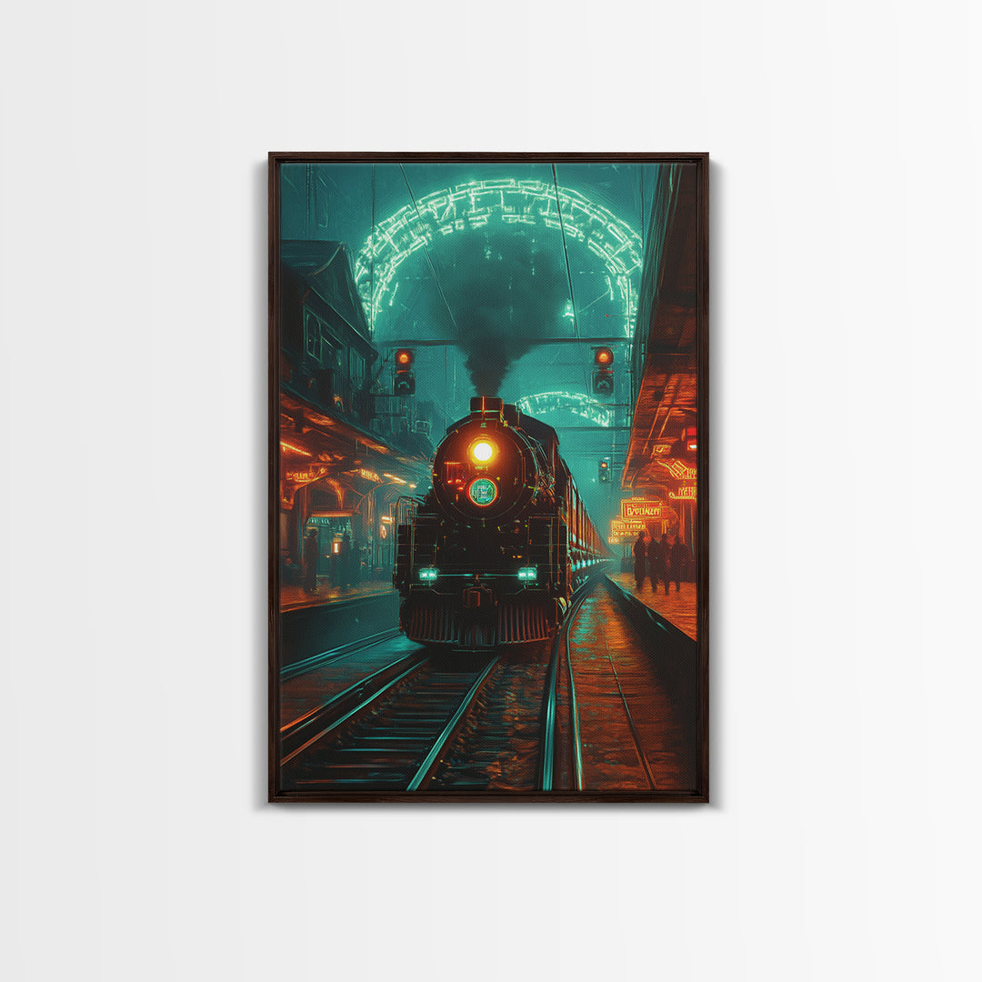Steampunk Train Station Framed Canvas Print, Futuristic Wall Art, Sci Fi Decor, Industrial Travel Poster For Office Decor