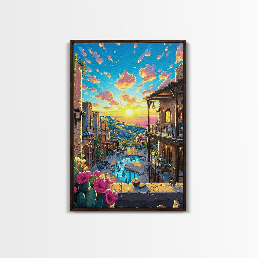 Mediterranean Sunset Village Wall Art, Vibrant Coastal Canvas Print, Travel Poster, Warm Home Decor For Living Room And Bedroom Decor