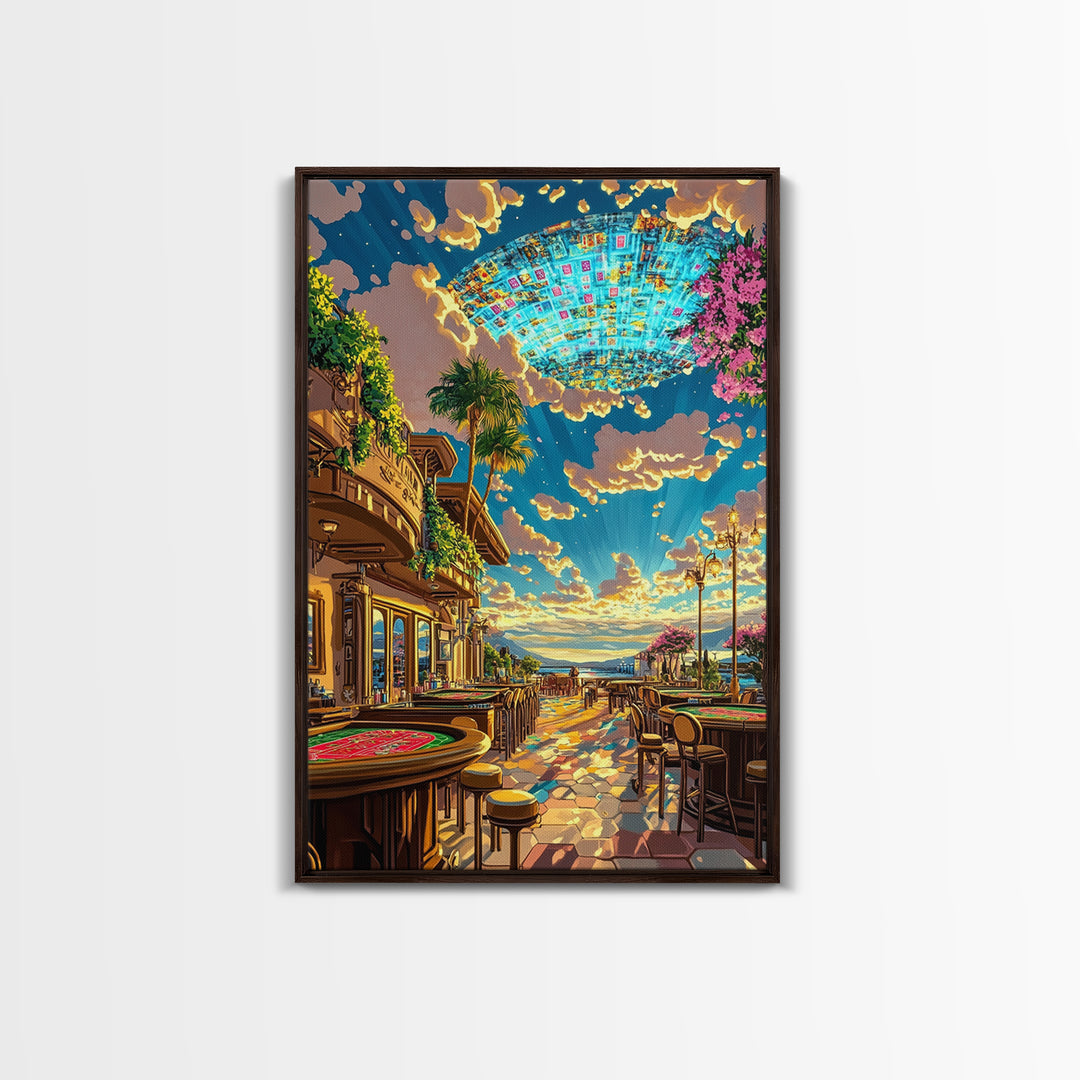 Coastal Casino Terrace UFO Canvas Print, Futuristic Travel Poster, Vibrant Coastal Wall Art, Maximalist Home Decor For Living Room