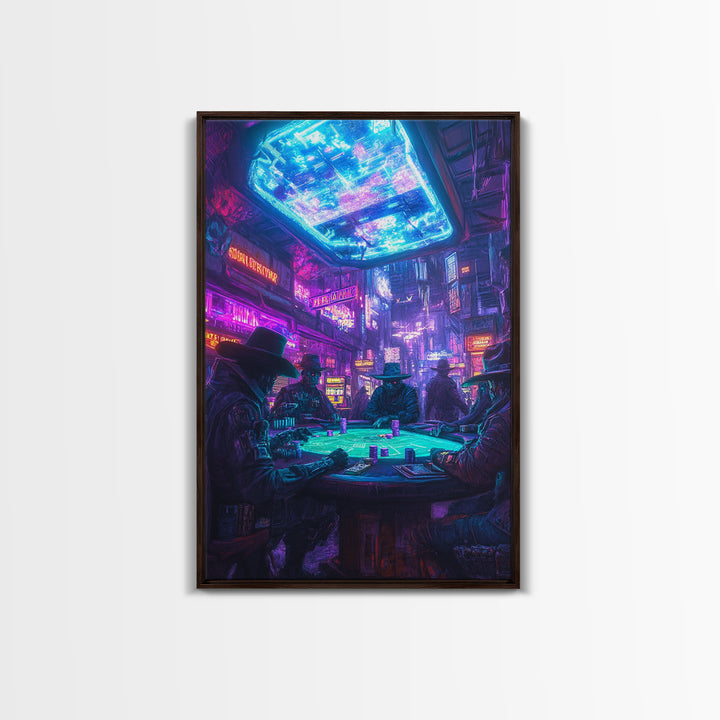 Cyberpunk Western Poker Game Wall Art, Neon Cowboy Canvas Print, Sci Fi Saloon Decor, Futuristic Man Cave Poster For Gaming Room Decor