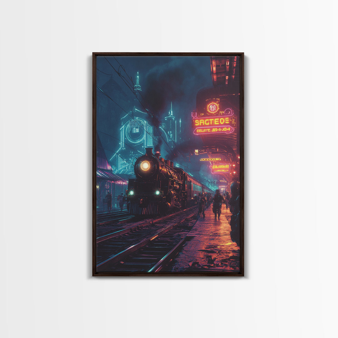 Neon Cyberpunk Steam Train Station Canvas Print, Futuristic Cityscape Wall Art, Sci Fi Decor, Gamer Room, Gift For Him, Modern Home Decor