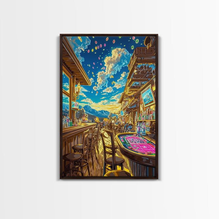 Sunlit Mountain Casino Bar Canvas Print, Colorful Western Wall Art, Game Room Decor, Man Cave Poster, Housewarming Gift Idea