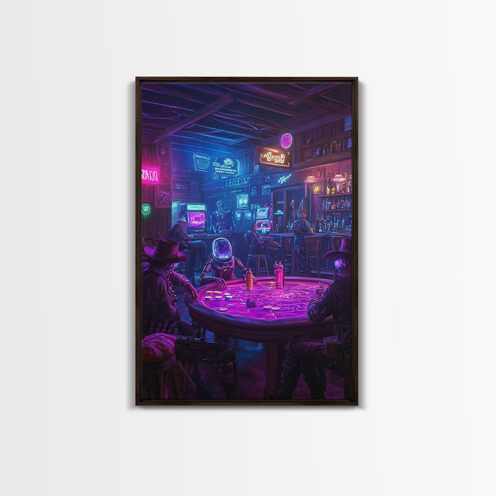 Neon Cyberpunk Poker Saloon Wall Art, Futuristic Western Canvas Print, Man Cave Decor, Game Room Art, Sci Fi Gift For Him