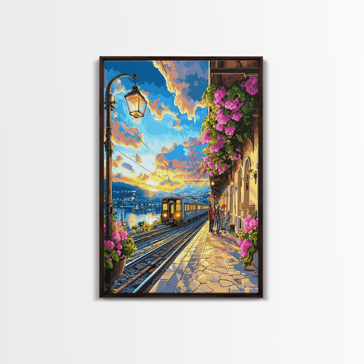 Coastal Sunset Train By Flowered Balcony Canvas Print, Mediterranean Wall Art, Travel Poster, Living Room Decor, Gift For Her