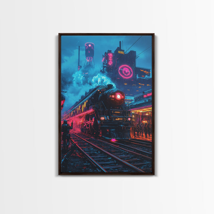 Neon Dystopian Steam Train Canvas Print, Cyberpunk City Wall Art, Futuristic Decor, Sci Fi Poster, Gaming Room Gift For Him