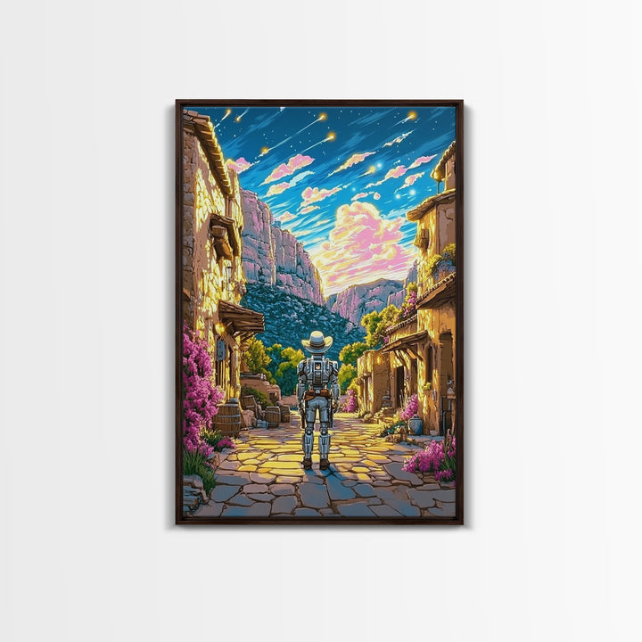 Astronaut In Canyon Village Under Meteors Canvas Print, Futuristic Wall Art, Space Decor, Sci Fi Poster, Gamer Room Decor, Gift For Him