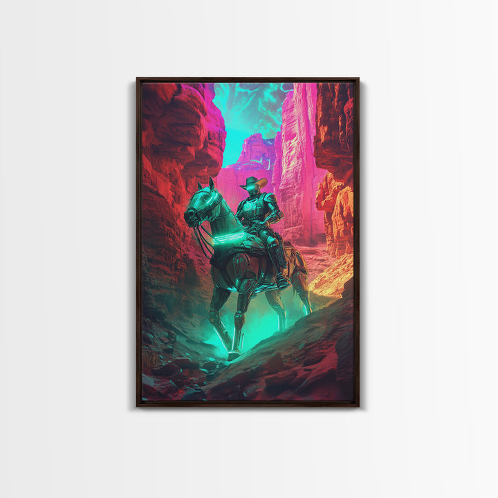 Neon Robot Cowboy In Red Desert Canyon Canvas Print, Cyberpunk Western Wall Decor, Futuristic Sci Fi Gaming Room Wall Decor