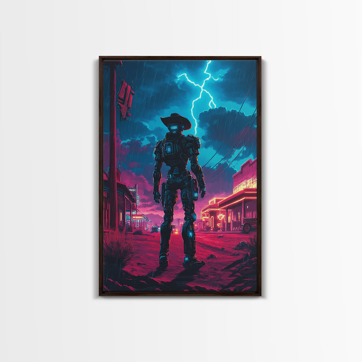 Robot Cowboy In Neon Storm Western Town Wall Art, Cyberpunk Sci Fi Poster, Futuristic Gaming Room Decor, Man Cave Gift For Him