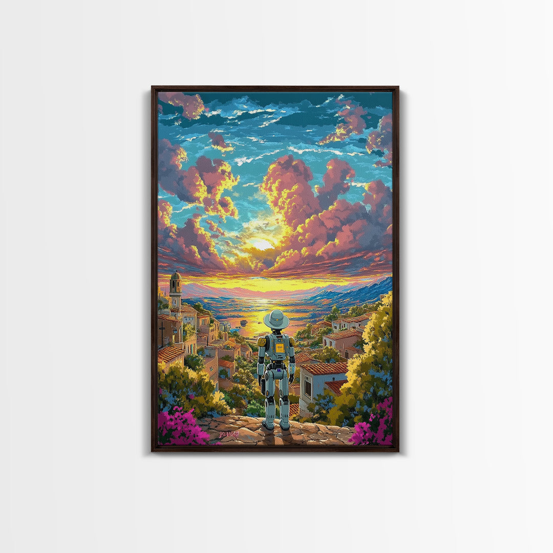 Robot Traveler Above Coastal Village Sunset Framed Canvas Print, Mediterranean Wall Art, Modern Landscape Decor, Living Room Art