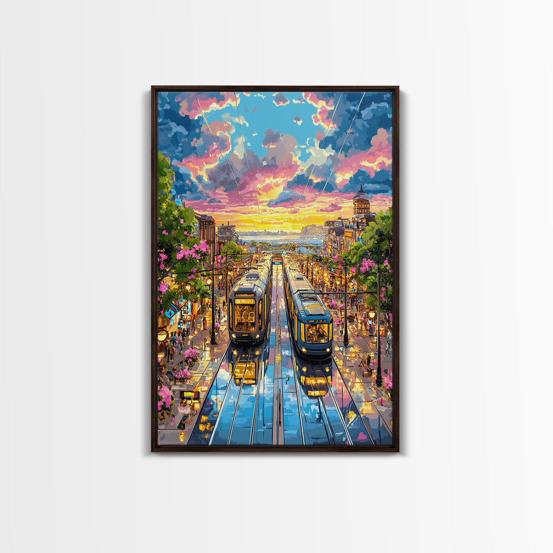 Colorful Tram Street At Sunset Canvas Print, Urban Landscape Wall Art, City Travel Poster, Eclectic Living Room Home Decor