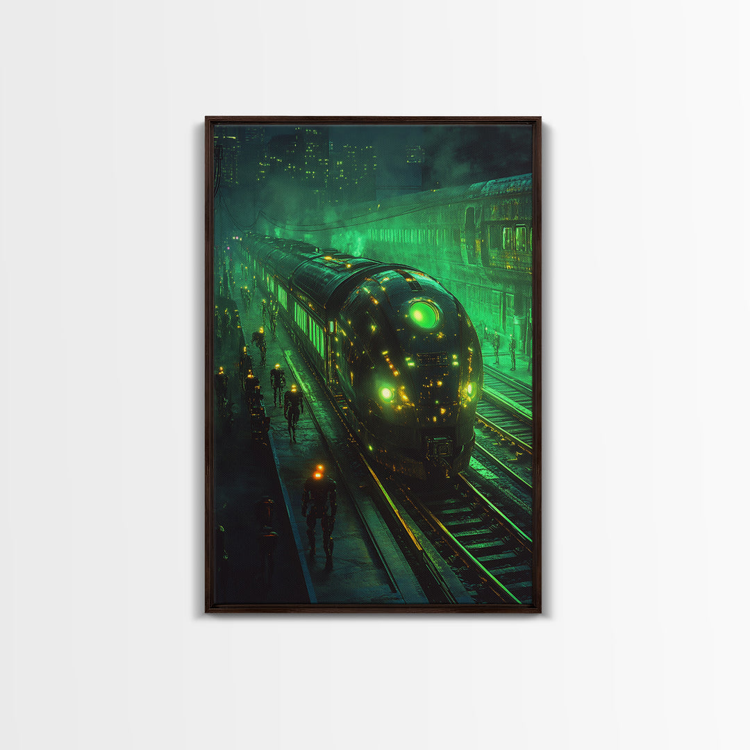 Glowing Green Futuristic Train Station Wall Art, Cyberpunk Railway Canvas, Dark Sci Fi Cityscape Office Decor, Gaming Room Art