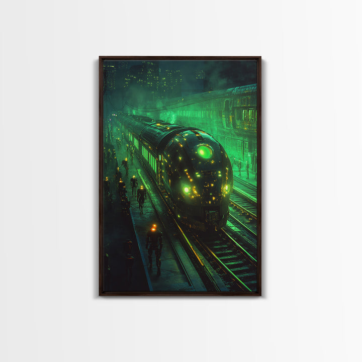 Glowing Green Futuristic Train Station Wall Art, Cyberpunk Railway Canvas, Dark Sci Fi Cityscape Office Decor, Gaming Room Art