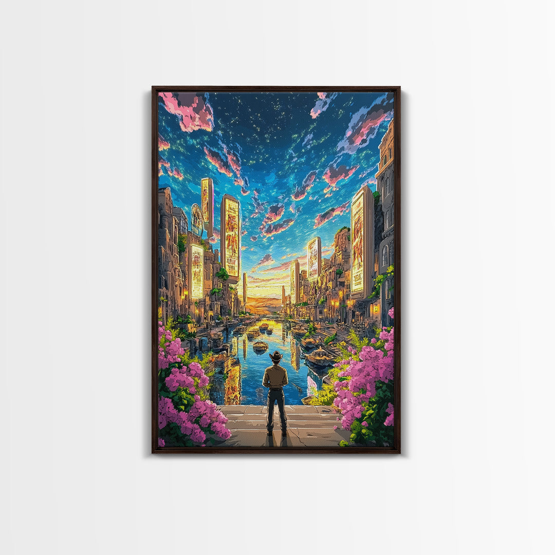 Cowboy Overlooking Neon Canal City At Dusk Wall Art, Futuristic Western Travel Poster, Colorful Urban Home Decor, Living Room Art