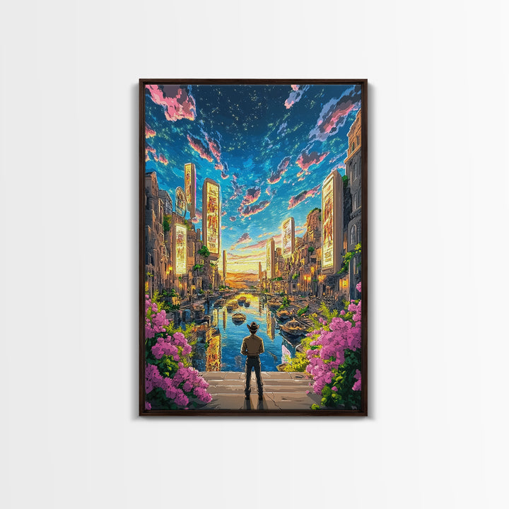Cowboy Overlooking Neon Canal City At Dusk Wall Art, Futuristic Western Travel Poster, Colorful Urban Home Decor, Living Room Art