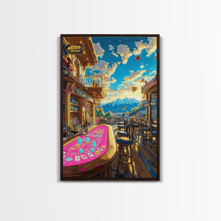 Mountain Casino Bar With Poker Table Canvas Print, Game Room Wall Art, Speakeasy Decor, Home Bar Decor, Man Cave Gift For Him