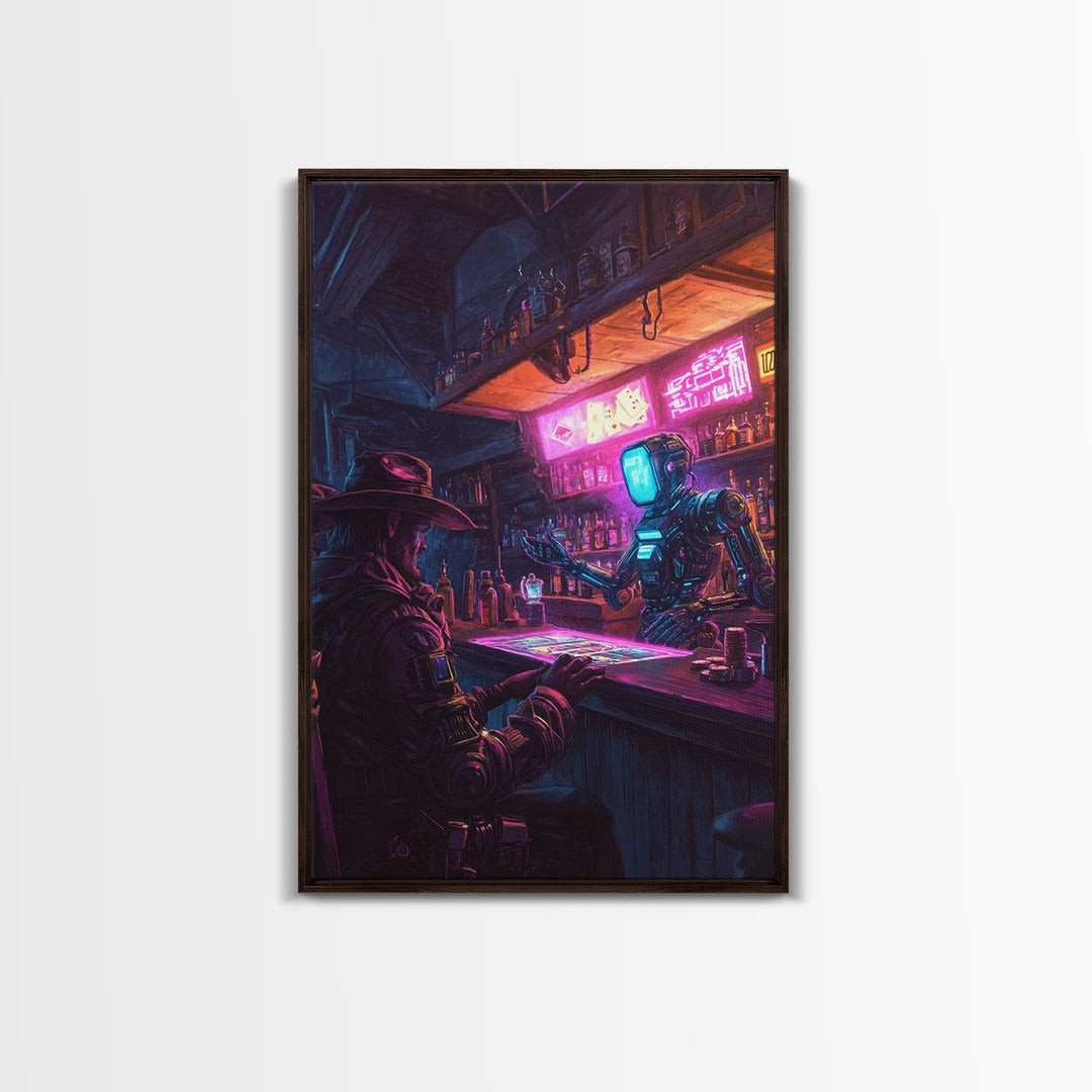 Neon Robot Bartender And Cyber Cowboy Saloon Wall Art, Futuristic Western Canvas Print, Sci Fi Bar Decor, Man Cave Gift Idea
