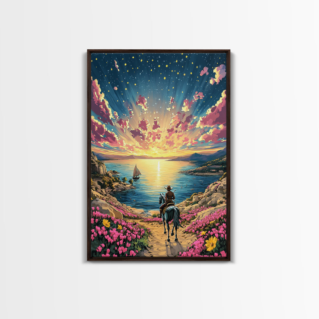 Sunset Cowboy Horse By Flowered Sea Cove Wall Art, Western Coastal Landscape Canvas Print, Beach House Living Room Decor Gift