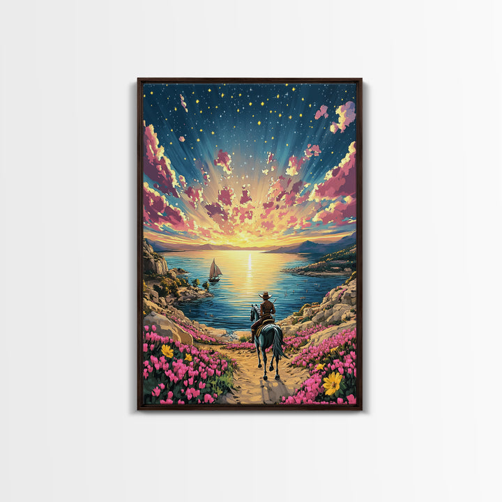Sunset Cowboy Horse By Flowered Sea Cove Wall Art, Western Coastal Landscape Canvas Print, Beach House Living Room Decor Gift
