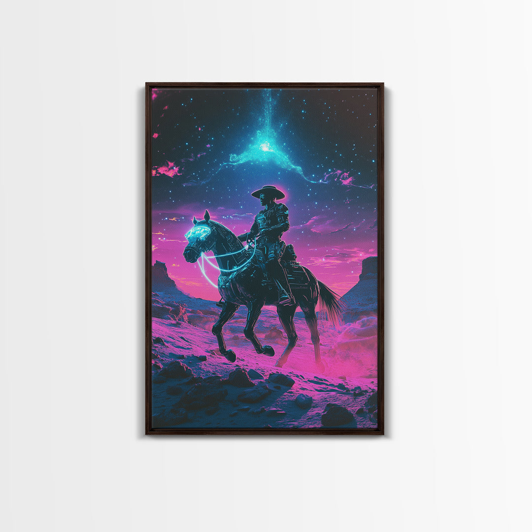 Neon Cosmic Cowboy On Glowing Horse Wall Art, Futuristic Western Desert Canvas Print, Sci Fi Space Decor For Gamers Gift