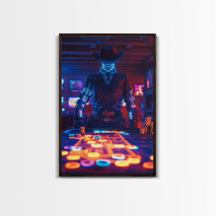 Glowing Robot Cowboy At Neon Poker Table Wall Art, Futuristic Casino Canvas Print, Gaming Room Man Cave Decor Gift For Him