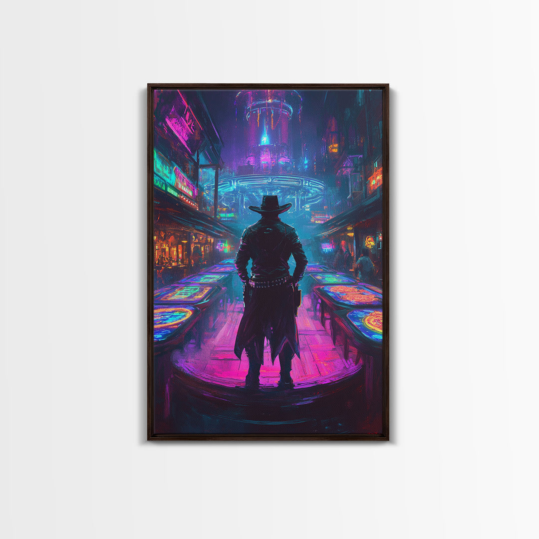 Cyber Cowboy In Neon Futuristic City Wall Art, Dystopian Western Street Canvas Print, Sci Fi Gaming Room Decor Gift For Him