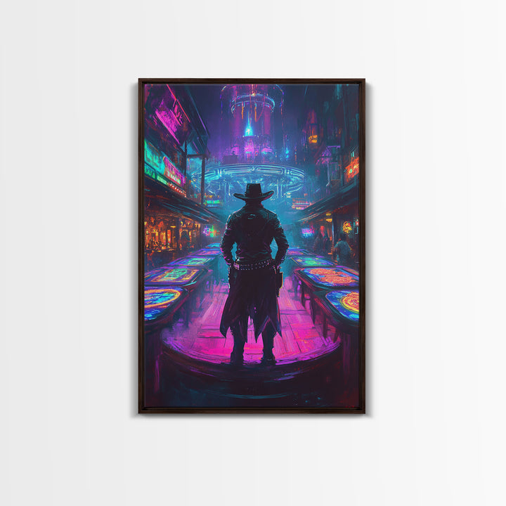 Cyber Cowboy In Neon Futuristic City Wall Art, Dystopian Western Street Canvas Print, Sci Fi Gaming Room Decor Gift For Him