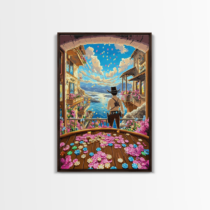 Cowboy Overlooking Coastal Village And Poker Coins Wall Art, Whimsical Western Canvas Print, Beach House Decor Gift For Her