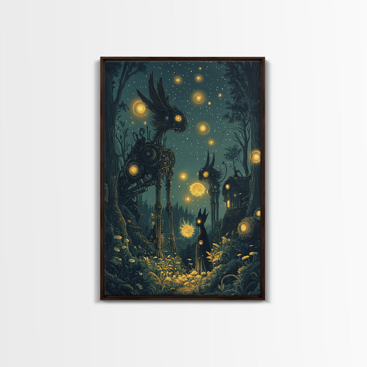 Glowing Mechanical Forest Creatures Wall Art, Dark Fantasy Art, Whimsical Animal Art, Celestial Decor, Unique Home Decor