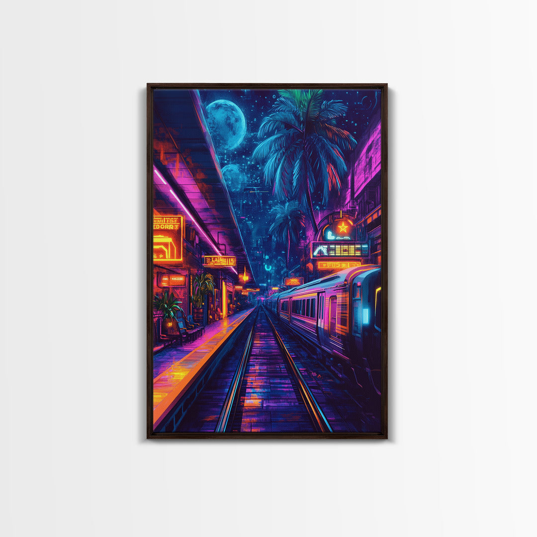 Neon Tropical Cyberpunk Train Wall Art, Futuristic Cityscape Art, Vaporwave Decor, Gaming Room Art, Large Sci Fi Canvas Print