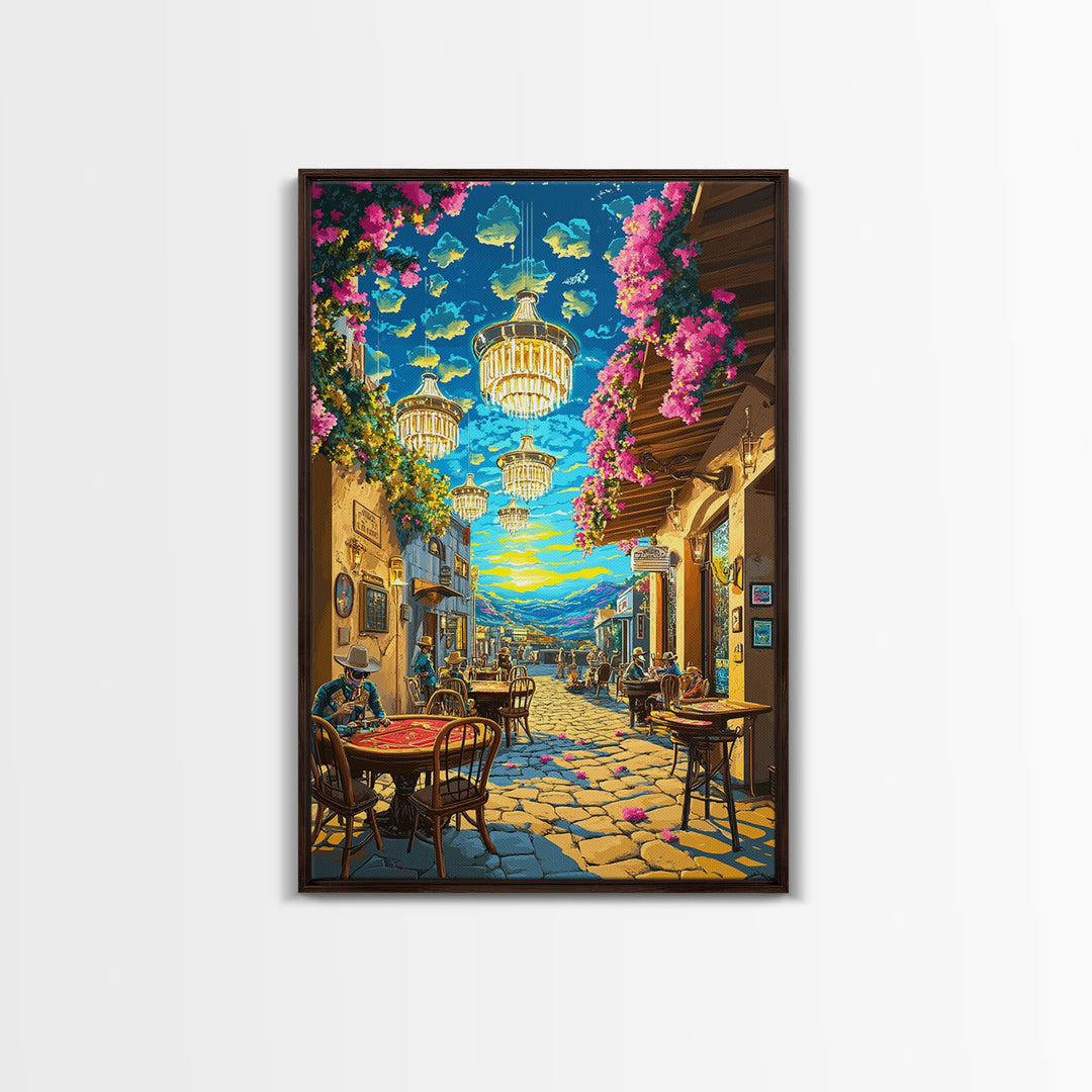 Chandelier Lit Mediterranean Cafe Wall Art, Colorful Travel Poster, Coastal Decor, Dining Room Print, Framed Canvas Print