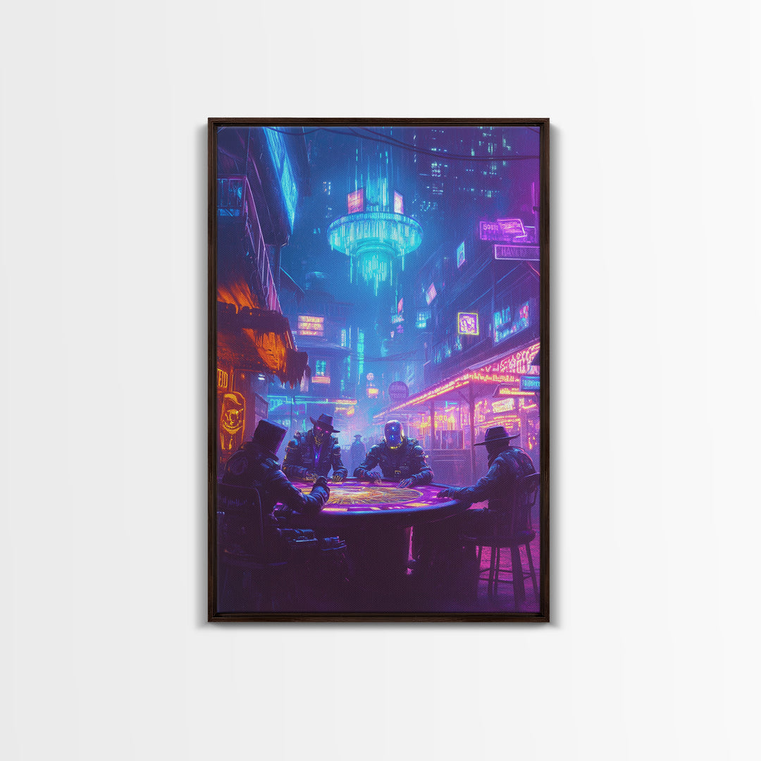 Cyberpunk Poker Table Under Neon Wall Art, Futuristic City Decor, Sci Fi Poster, Gaming Room Art, Man Cave Decor, Large Canvas Print