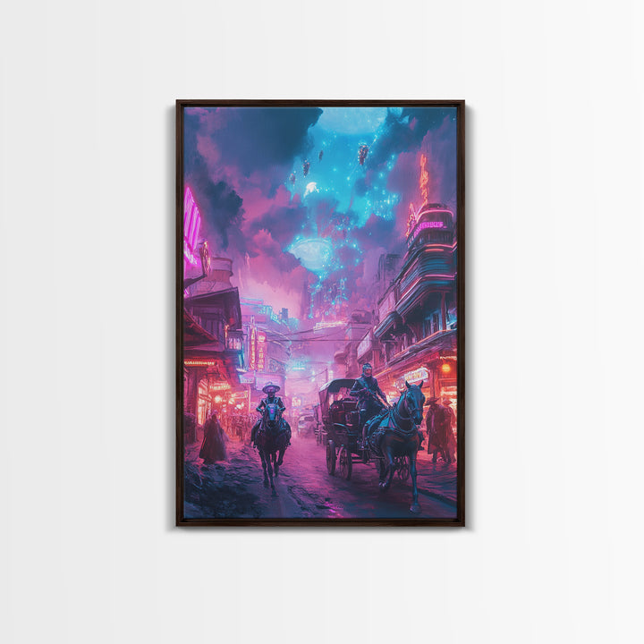 Neon Cyberpunk Horseback City Under Cosmic Sky Wall Art, Futuristic Sci Fi Poster, Gaming Room Decor, Vaporwave Home Decor