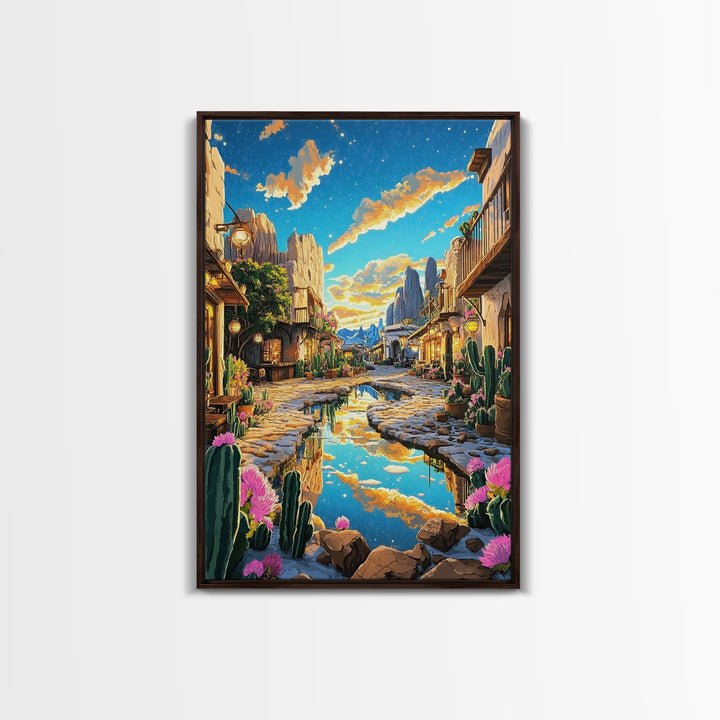 Sunlit Desert Village Street With Cactus And Mountains Canvas Print, Southwestern Wall Art, Boho Home Decor, Travel Poster