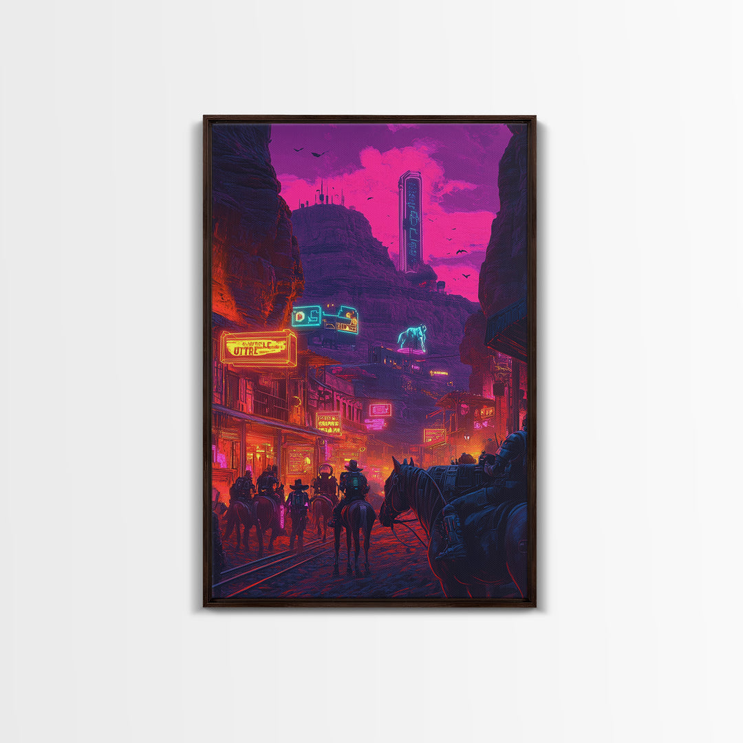 Neon Western Canyon Town With Cowboys Framed Canvas Print, Cyberpunk Wall Art, Futuristic Decor, Gaming Room Poster, Sci Fi Home Decor